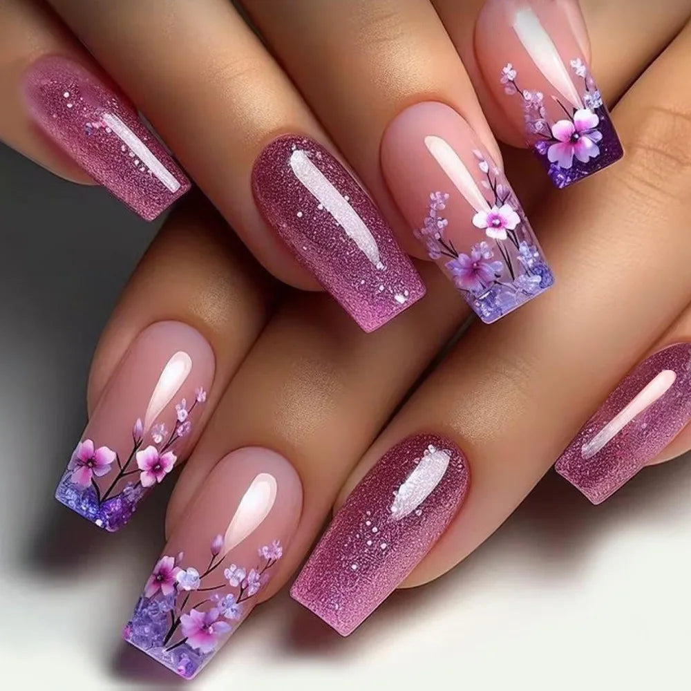24pcs Flower Design Press On Nails Set