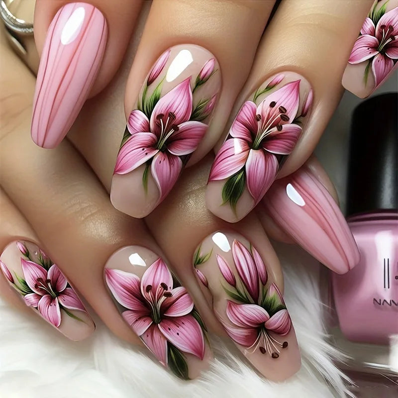 24pcs Flower Design Press On Nails Set-31