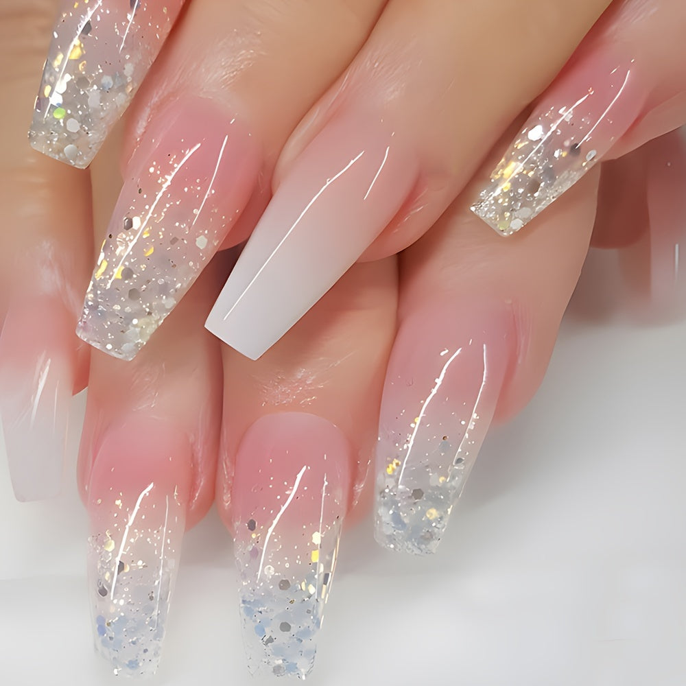 24pcs Set of Long Ballerina Press-On Nails in Pink Gradient with Sparkling Glitter - Glossy Finish, Perfect for Hands & Feet Care