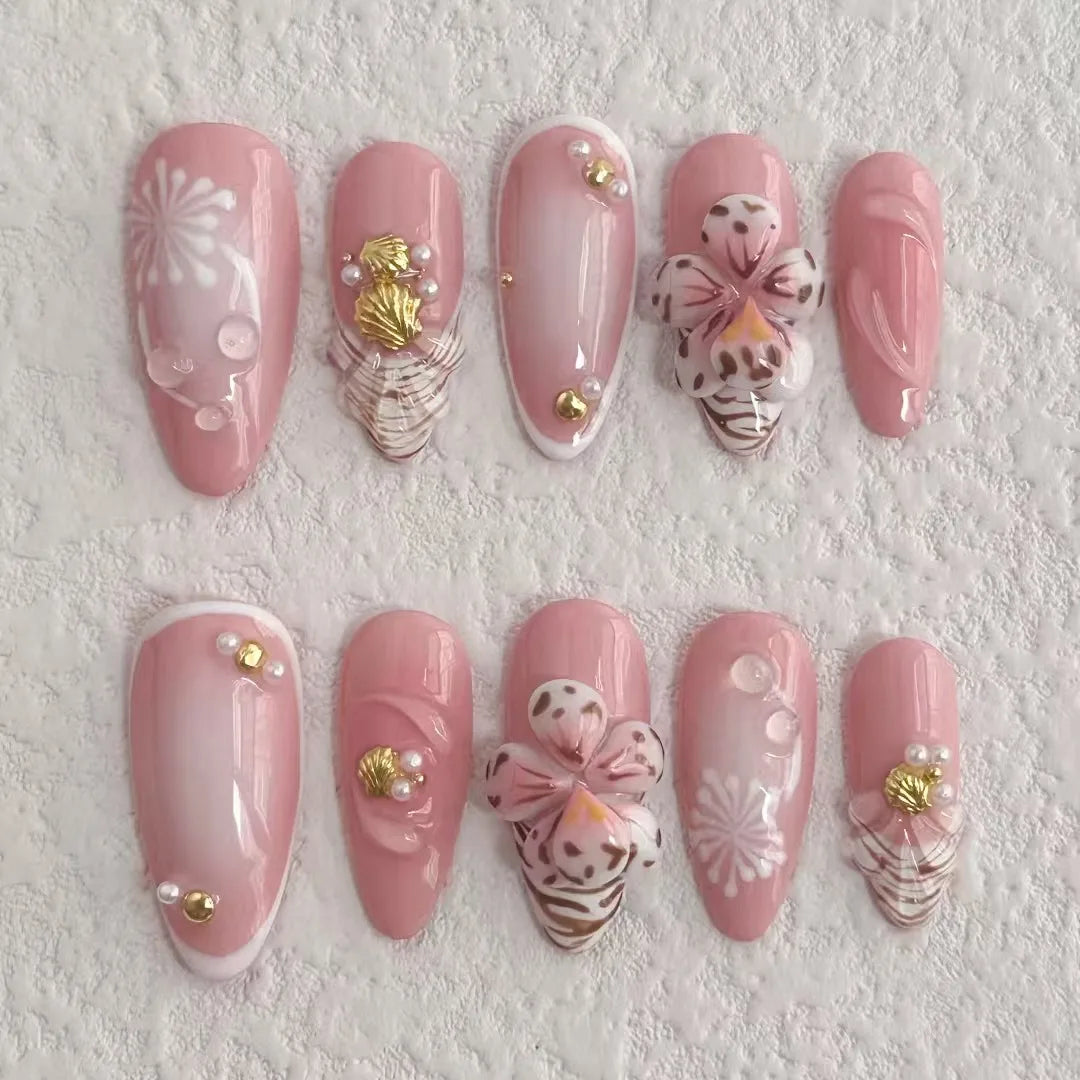 Handmade Press On Nails Set with Flowers