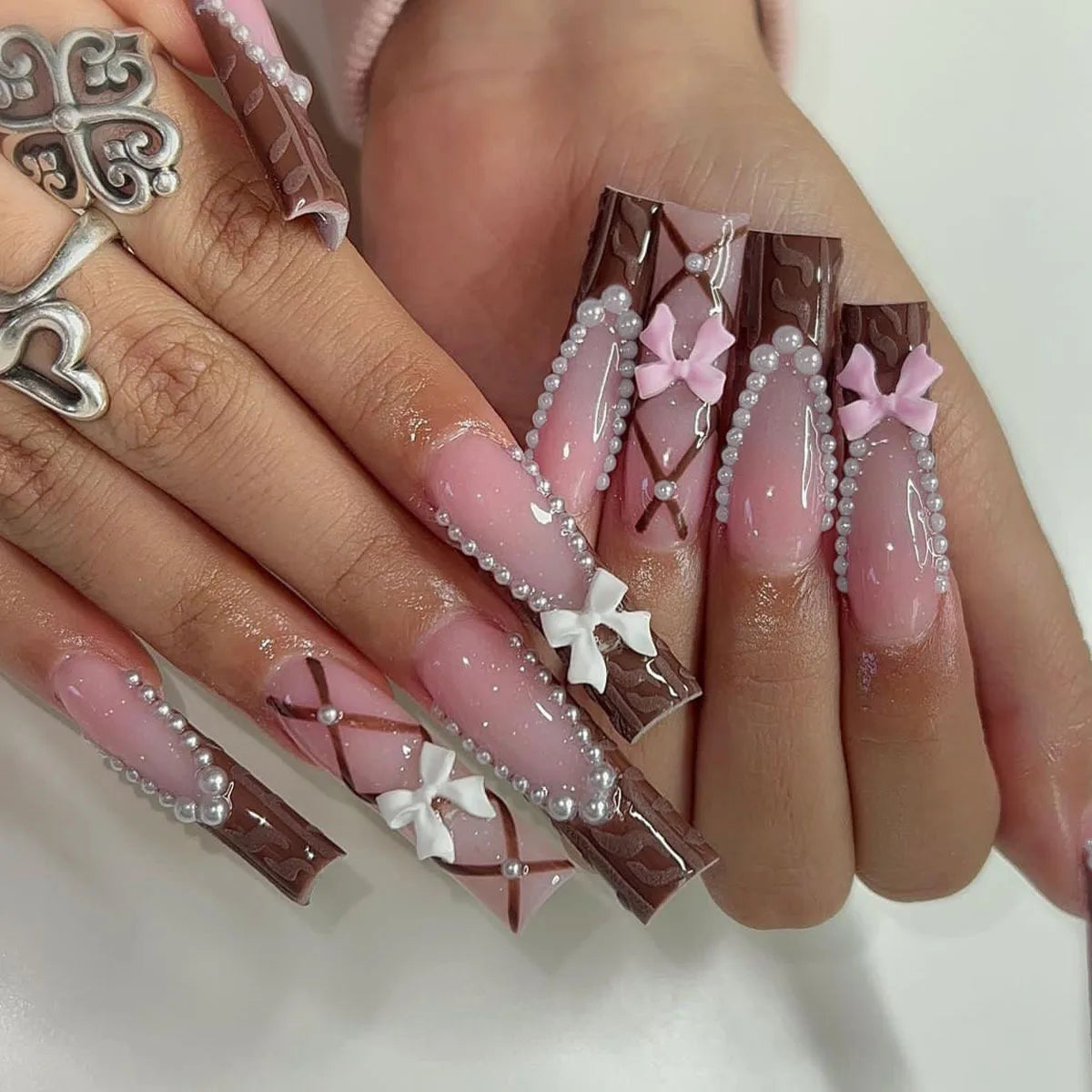 Pink Bow Press on Nails