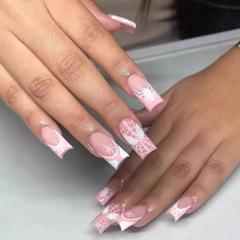 Pink Spider Web Coffin Press-On Nails