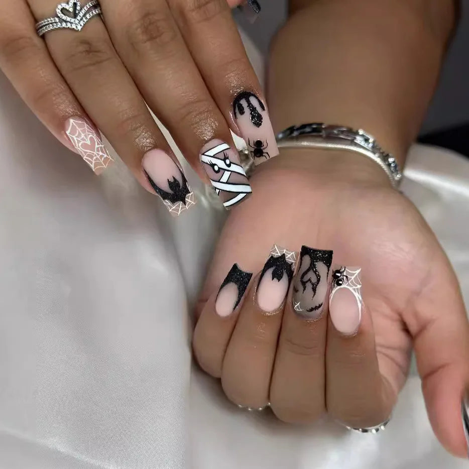 Pink Spider Web Coffin Press-On Nails