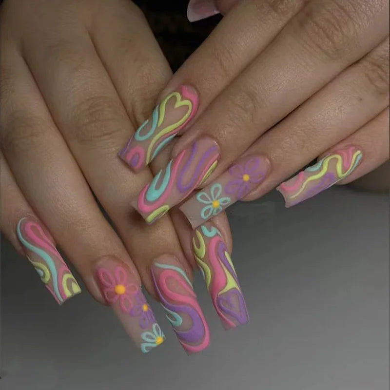 24pcs Flower Design Press On Nails Set-29