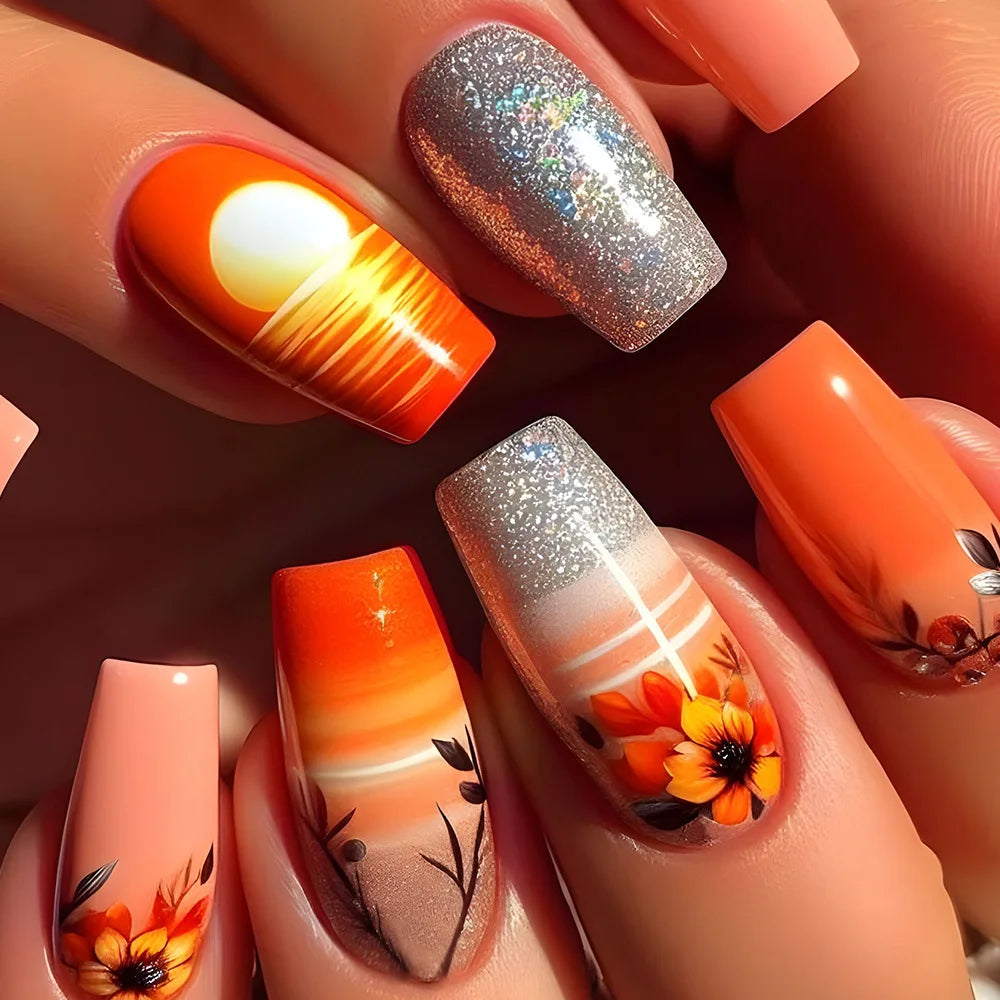 24pcs Flower Design Press On Nails Set-48