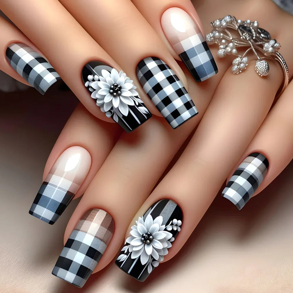 24pcs Flower Design Press On Nails Set-16