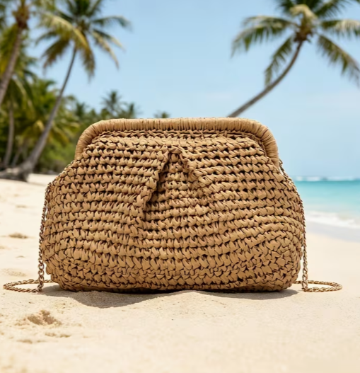 Clutch intrecciata in rafia con catena dorata su spiaggia tropicale
